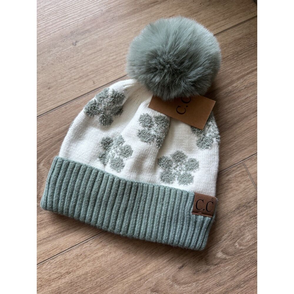 C.C. Leopard Print Pom Beanie Hat Sage Green Cream Faux Fur NWT